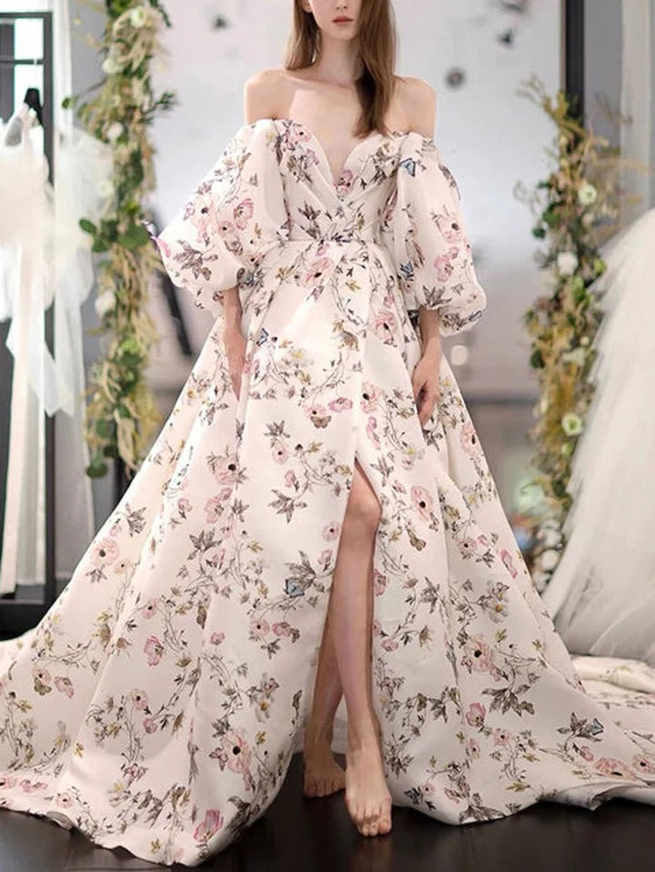 Unique puff sleeves satin long prom dress