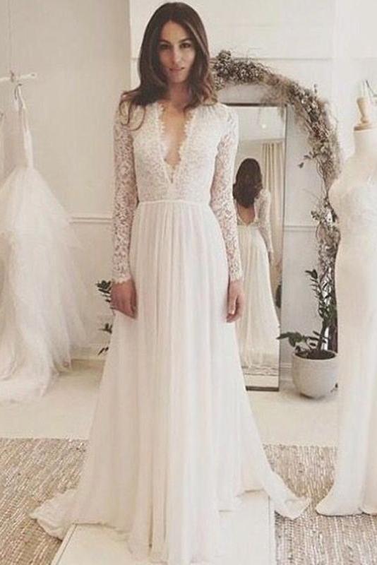 White V Neck Long Sleeve Prom Dress, Elegant Simple Wedding Dress