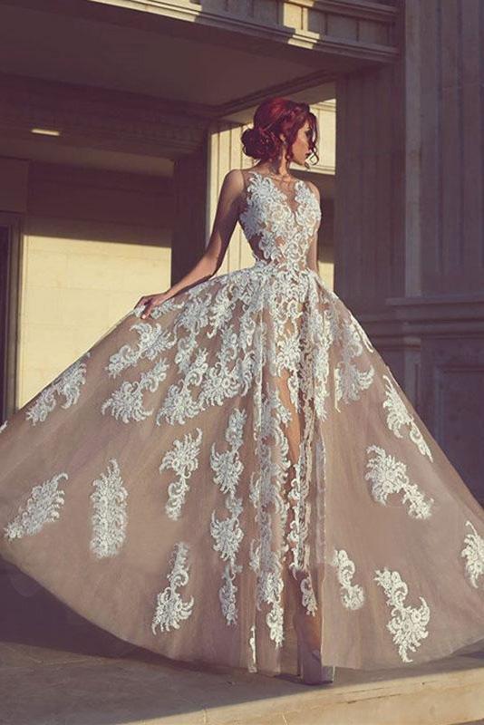 Champagne A-line Long Tulle With Appliques Prom Dress