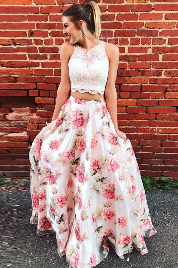 Lace Top Floral Skirt Two Pieces Long Chic Prom Dress