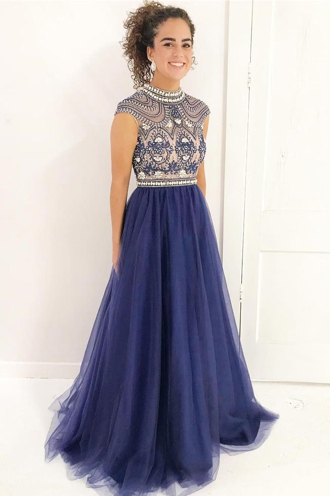 Chic Navy Blue Tulle Long Beaded Prom Dress