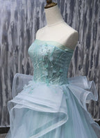 Mint Tulle Long Strapless Ruffles Sweet 16 Prom Dress, BH91216