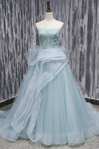 Mint Tulle Long Strapless Ruffles Sweet 16 Prom Dress, BH91216
