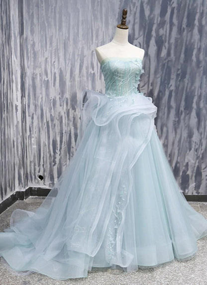 Mint Tulle Long Strapless Ruffles Sweet 16 Prom Dress, BH91216