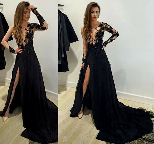 Sexy Prom Dresses, Long Sleeve Prom Dress,Leg Slit Prom Dress,Fashion Prom Dress,Lace Prom Dress,PD003