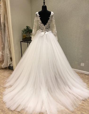 White lace tulle long prom dress, long sleeve evening dresses,072513