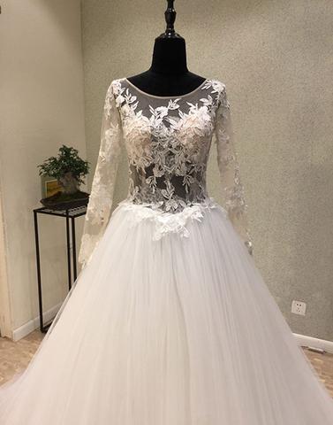 White lace tulle long prom dress, long sleeve evening dresses,072513