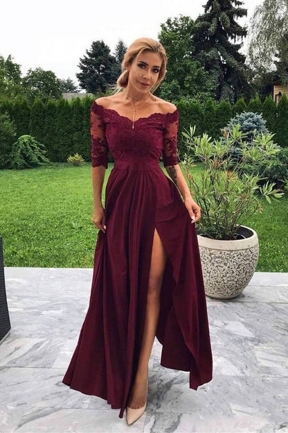 Cheap Off Shoulder Burgundy Mid-Sleeve Side Slit Long Prom Dress, BO16