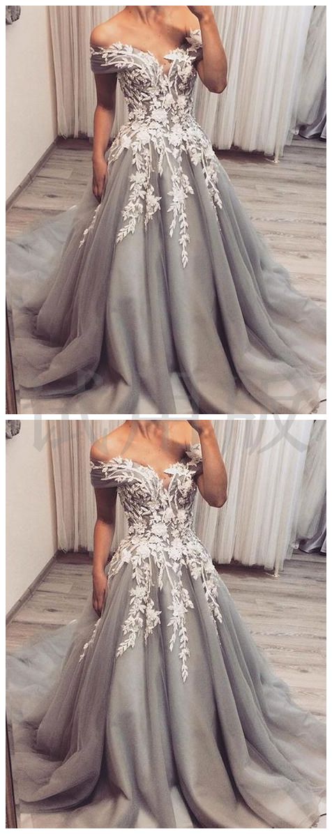 elegant grey tulle with lace appliques long chic prom dress,HO201