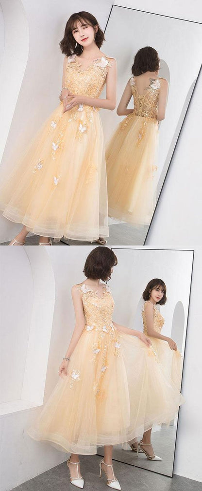 Gold v neck tulle lace short prom dress,gold homecoming dress,BH91024