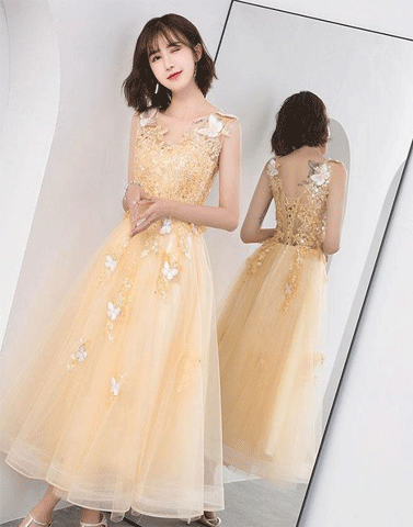 Gold v neck tulle lace short prom dress,gold homecoming dress,BH91024