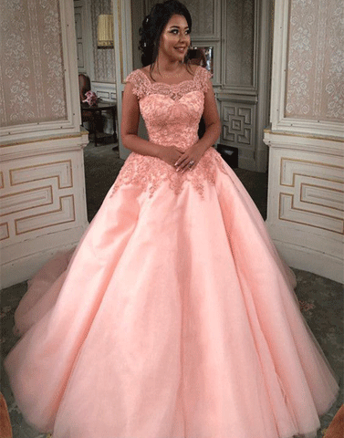 Modest Lace Cap Sleeves Coral Organza Quinceanera Dresses Ball Gowns,BH91079