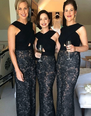 Sheath Cross V-Neck Cut Out Black Lace Bridesmaid Dress,BH91066