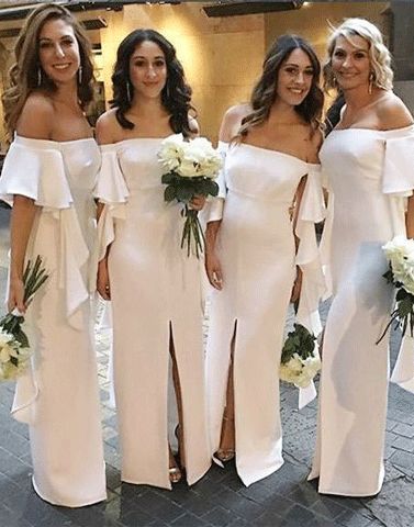 Mermaid Off-the-Shoulder Short Sleeves White Bridesmaid Dress with Ruffles,BH91068