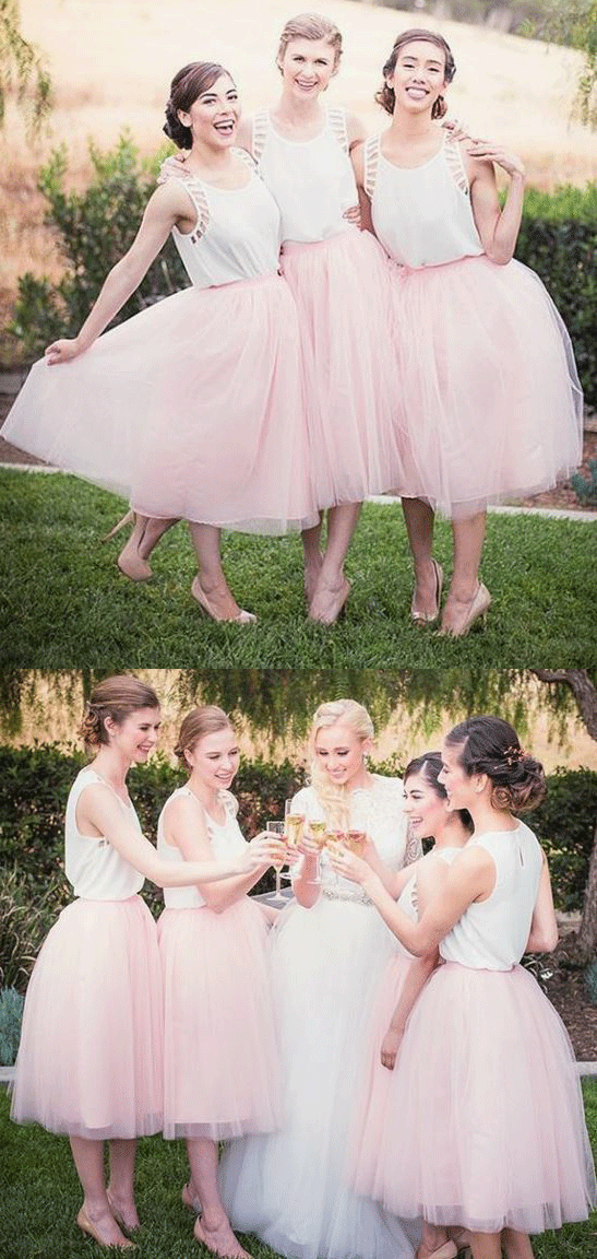 A-Line Round Neck Tea-Length Pink Tulle Bridesmaid Dress,BH91071