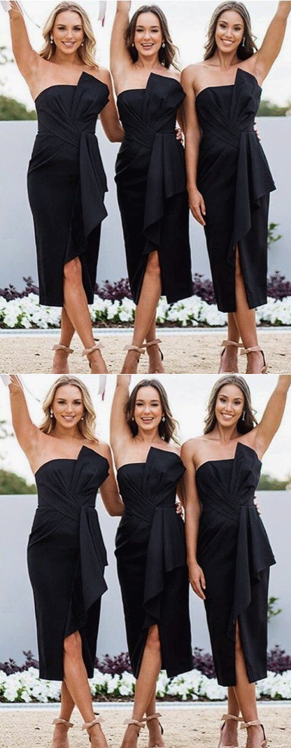 Sheath Strapless Black Satin Chiffon Bridesmaid Dresses,BH91072