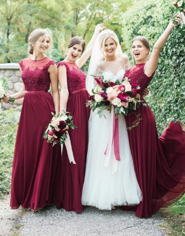 Burgundy Bridesmaid Long Dress for Wedding Party Lace Cap Sleeves,BH91076