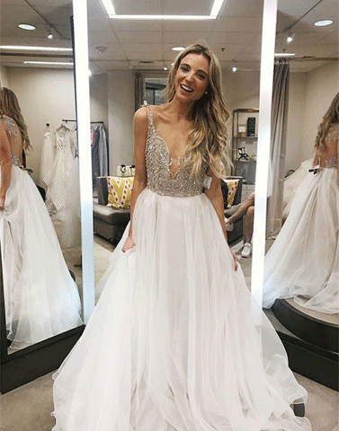 Beaded White Ball Gown Prom Dresses,Sweep Train White Chiffon Prom Party Dress,BH91084