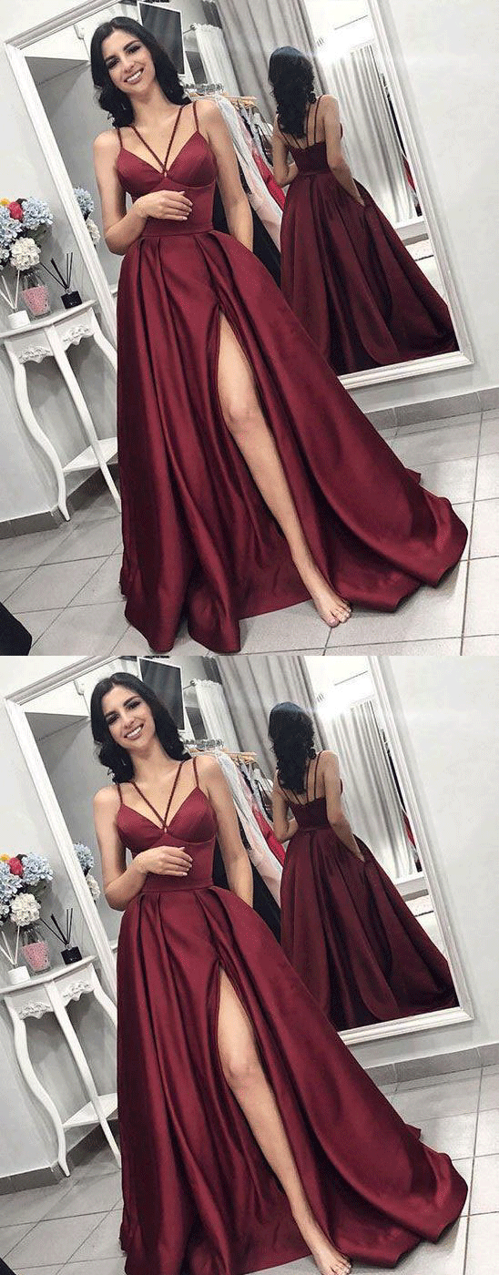 Burgundy V Neck Satin Long Prom Dress,Burgundy Evening Dress,BH91059