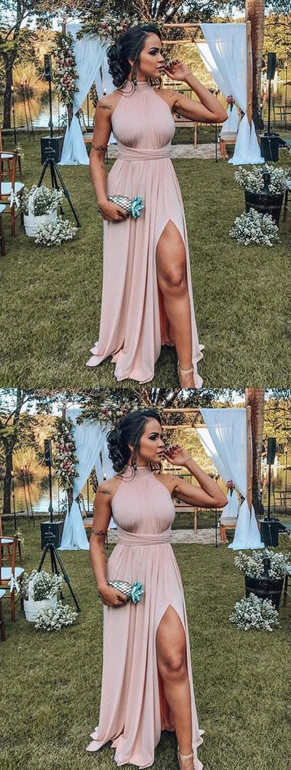 A Line Halter Backless Slit Blush Elastic Satin Long Prom Dresses,Formal Party Dresses,BH91060