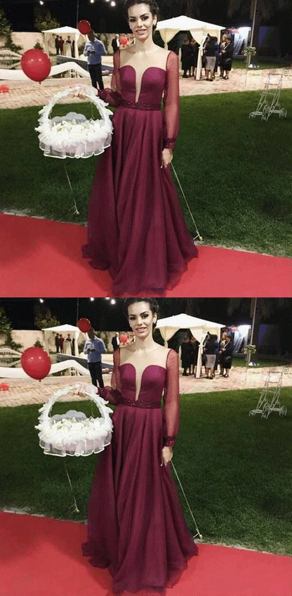 A-Line Round Neck Illusion Jewel Burgundy Beaded Prom Dresses,BH91062