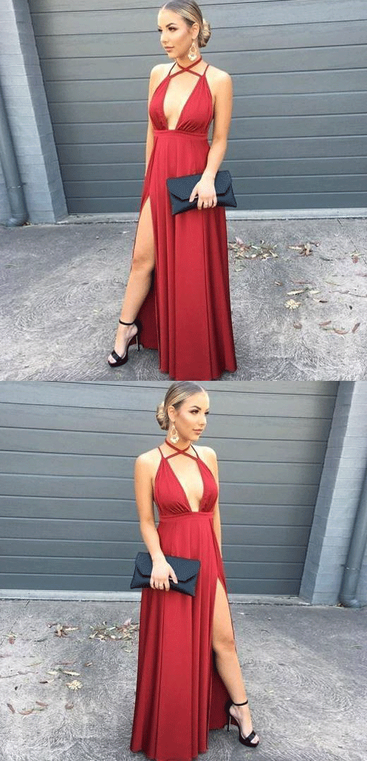 A-Line Deep V-Neck Side Slit Burgundy Prom Dress,BH91063