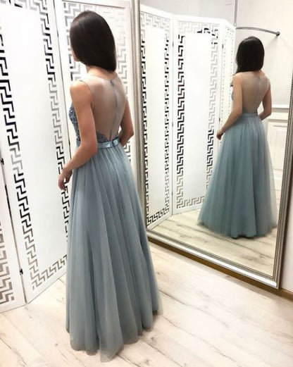 A Line Sleeveless Tulle Long Prom Dress, Evening Dress, BH91294