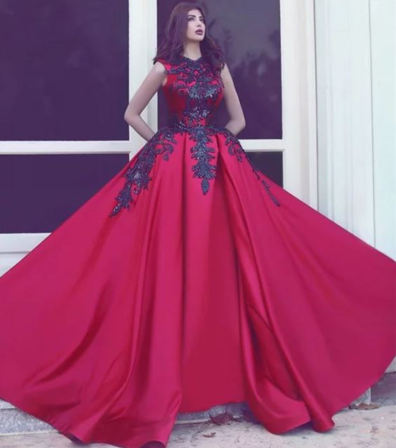 Long Red Black Lace Prom Dresses, BH91225