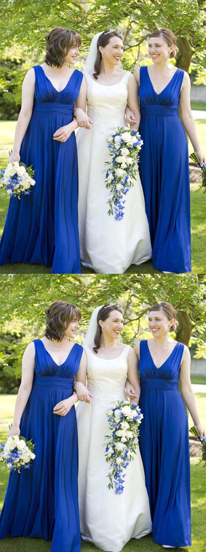 Ruched V-neck A-line Blue Wedding Party Dresses,BH91077