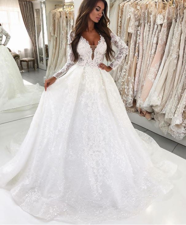 Deep V-Neck Long Sleeves Court Train Lace Wedding Dress, BH91279