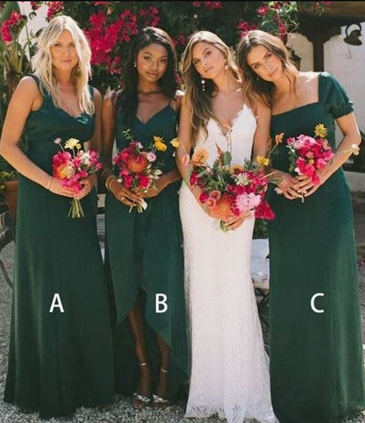 A-Line Floor Length V-neck Dark Green Bridesmaid Dresses,BH91114