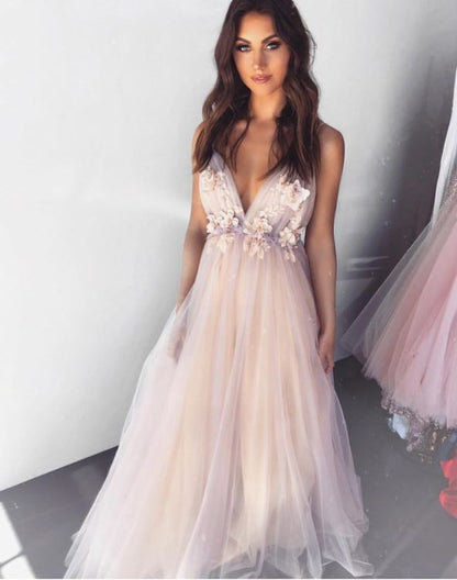 A-Line V-Neck Applique Backless Tulle Prom Dress, BH91301