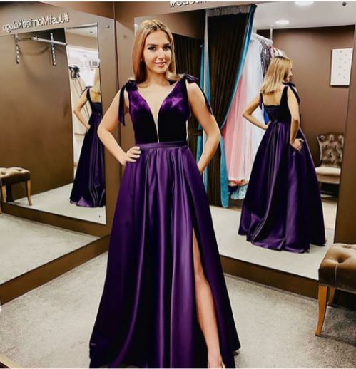 Plunging V Neckline Satin Floor Length A Line Prom Dress, BH91292