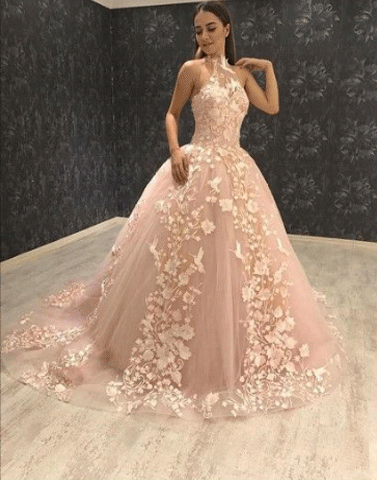 Ball Gown Halter Sweep Train Pink Tulle Prom Dress with Appliques,BH91017