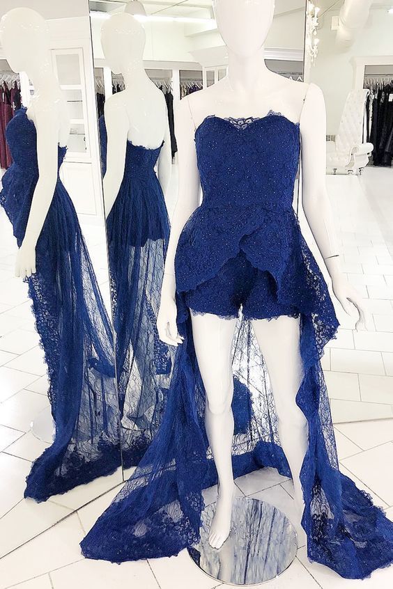Sexy Hi-Low Lace Royal Blue Prom Dress, Pretty Strapless Party Gowns, BH91208