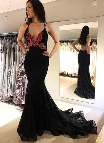 Black Open Back Mermaid Lace Evening Dress, Sexy Deep V neck Long Prom Dress, BH91211