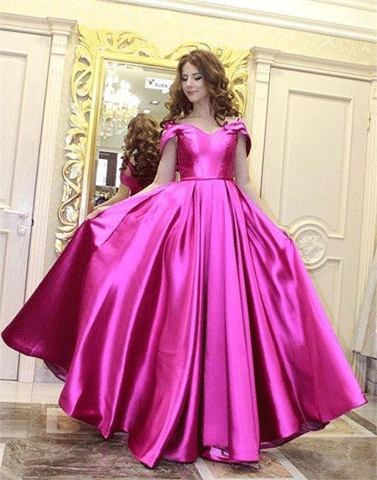 A-Line Off-the-Shoulder Sweep Train Fuchsia Satin Prom Dress,BH91036