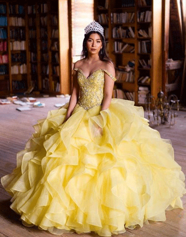 Off-the-Shoulder Floor Length Yellow Tulle Quinceanera Dress with Beading,BH91037