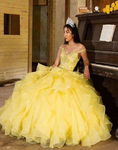 Off-the-Shoulder Floor Length Yellow Tulle Quinceanera Dress with Beading,BH91037