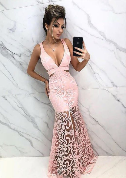 Front Slit Sexy Deep V-neck Prom Dress, BH91254