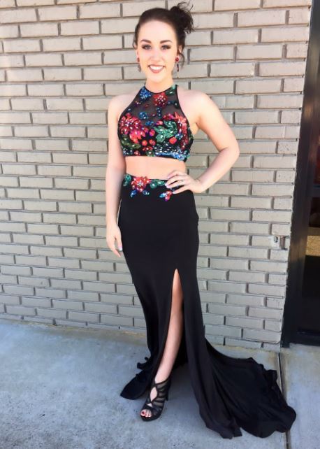 Two Piece Halter Backless Appliques Black Prom Dress with Slit, BH91264