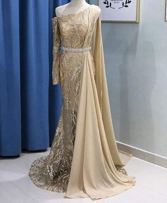 Sparkly Gold Sequin Mermaid Evening Gowns with Long Sleeves, BH91290