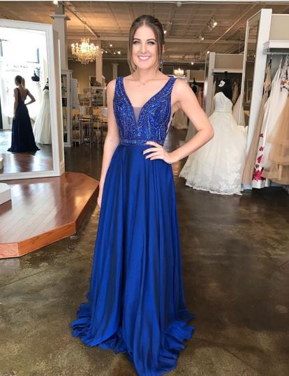 V Neck Prom Dresses,Navy Blue Backless Formal Dresses,BH91143