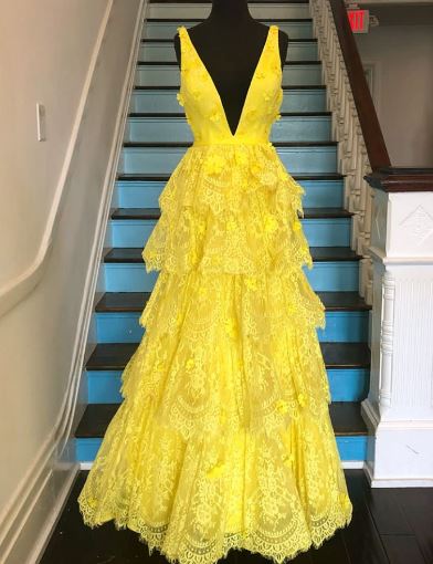 Yellow Plunging Long Lace Prom Dress,BH91155