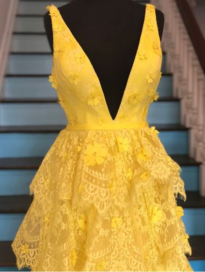 Yellow Plunging Long Lace Prom Dress,BH91155