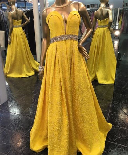 Charming Strapless V Neck Yellow Prom Dress with Beading Belt,BH91157