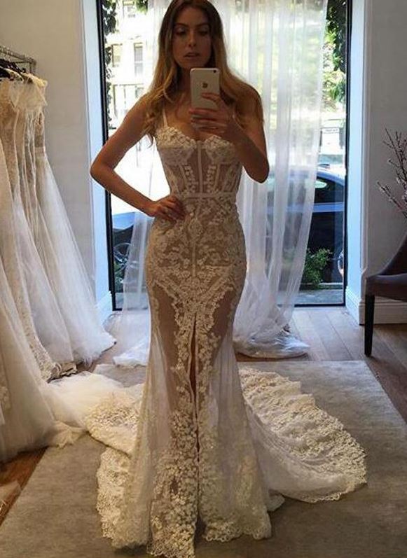 Sexy See Through Lace Mermaid Sweetheart Long Wedding Dresses, BH91230