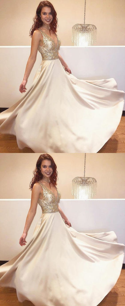 gorgeous prom dress,long prom dress,gold beaded evening dress,BH91080