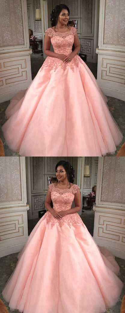 Modest Lace Cap Sleeves Coral Organza Quinceanera Dresses Ball Gowns,BH91079