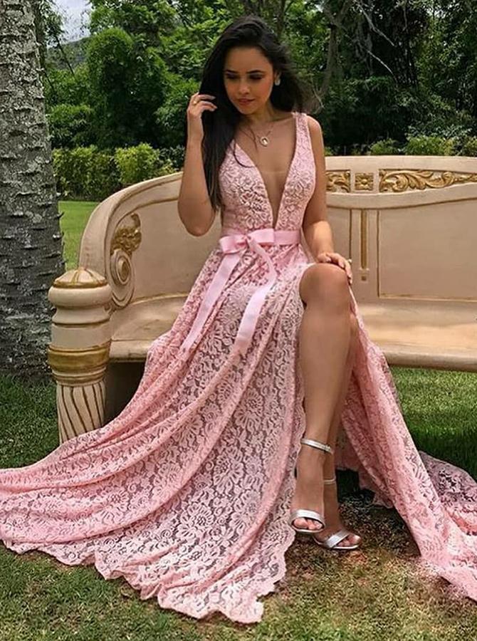 Pink Prom Dresses,Lace Prom Dress,Prom Dress with Slit,Long Evening Dress,072606